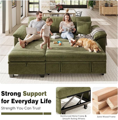 Ihanherry 86" Modular Sectional Sofa with Pull Out Bed, 4-Seater L Shaped Sectional Sleeper Couch with Storage Ottoman, Chenille Convertible Couches for Living Room, Apartment (Green)