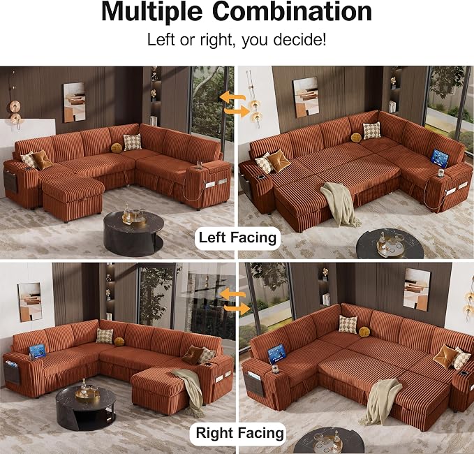 Vipbear 111" Modular Sectional Sleeper Sofa with Pull Out Bed, 7 Seat Corduroy L Shaped Couch with Ottoman|USB Ports|Cup Holders|Side Table|Storage Armrest, Tool Free Assembly, Orange