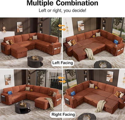Vipbear 111" Modular Sectional Sleeper Sofa with Pull Out Bed, 7 Seat Corduroy L Shaped Couch with Ottoman|USB Ports|Cup Holders|Side Table|Storage Armrest, Tool Free Assembly, Orange