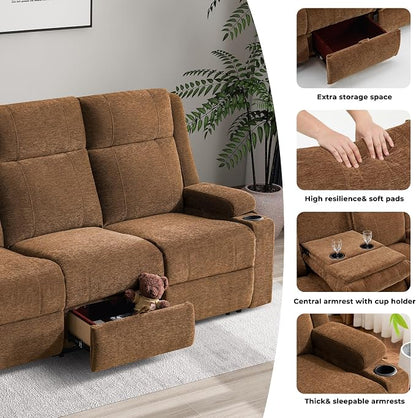 GUEAPY Large Manual Reclining Sofa 3-Seater Chenille Recliner Couch with Cup Holders, Wide Seat, Easy Assembly & Spill-Resistant Fabric Cozy Reclining Sofa for Living Room, Apartment, RV, Brown