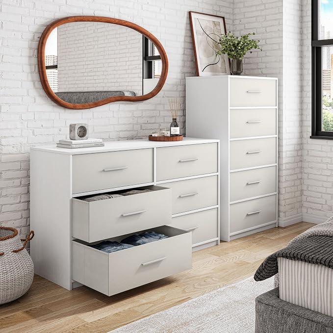 Modern 6-Drawer Dresser with Spacious Storage, Sturdy Wood Frame, Large Capacity Fabric Drawers, Dressers for Bedroom, Home Organization Storage for Living Room or Hallway, White | 6-drawer dresser, fabric storage drawers, sturdy wood frame, bedroom or...