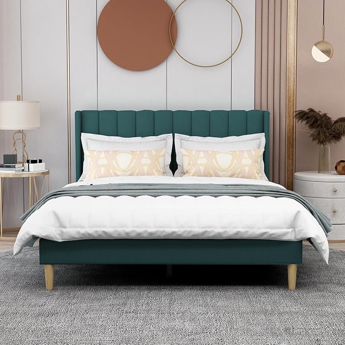 AGARTT Upholstered Platform Bed Frame Queen Size with Headboard and Footboard/Wooden Slats Support/No Box Spring Needed/Easy Assembly,Ink Green Velvet