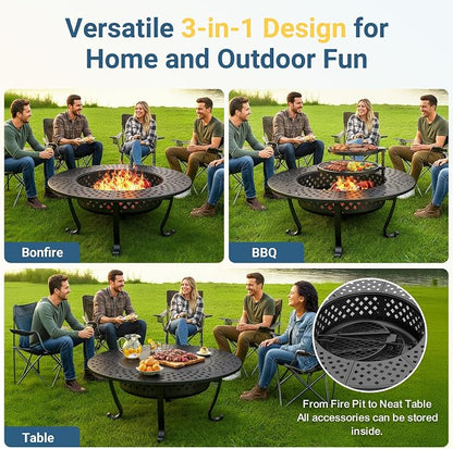 Wisteria Lane 3 in 1 43" Extra Large Fire Pit for Outside Wood Burning with 2 Adjustable Grills, Outdoor Fireplace with Lid and Fire Poker, BBQ & Bonfire & Round Metal Table for Patio, Backyard