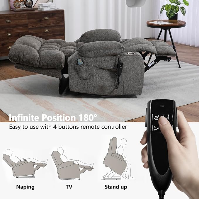 JIKFRIMA Power Lift Recliner Chair for Elderly, Dual Motor Lift Chair with Heat and Massage, Lay Flat Lift Chair for Adults, Cup Holders, Lumbar Pillow, Chenille,Dark Grey