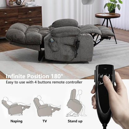JIKFRIMA Power Lift Recliner Chair for Elderly, Dual Motor Lift Chair with Heat and Massage, Lay Flat Lift Chair for Adults, Cup Holders, Lumbar Pillow, Chenille,Dark Grey
