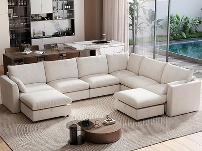 Ihanherry 146" Oversized Modular Sectional Sofa, Modern V Shaped Cloud Couch with 2 Storage Ottoman, 8-Seat Comfy Chenille Deep Seat Sofa with 2 Pillows for Living Room, Beige