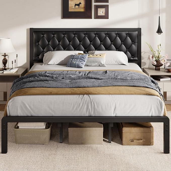 Fluest King Bed Frame with Headboard PU Leather Upholstered Bed Frame Platform,All Metal Slats Support Platform Bed Frame with Storage Space,Easy Assembly,Noise Free,No Box Spring Needed,Black