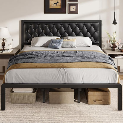Fluest King Bed Frame with Headboard PU Leather Upholstered Bed Frame Platform,All Metal Slats Support Platform Bed Frame with Storage Space,Easy Assembly,Noise Free,No Box Spring Needed,Black