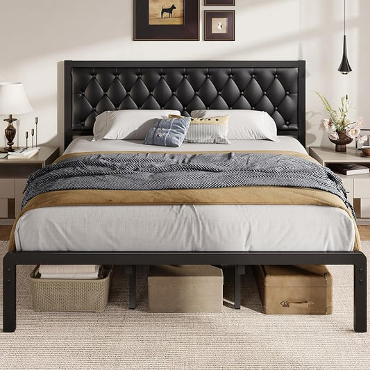 Fluest King Bed Frame with Headboard PU Leather Upholstered Bed Frame Platform,All Metal Slats Support Platform Bed Frame with Storage Space,Easy Assembly,Noise Free,No Box Spring Needed,Black