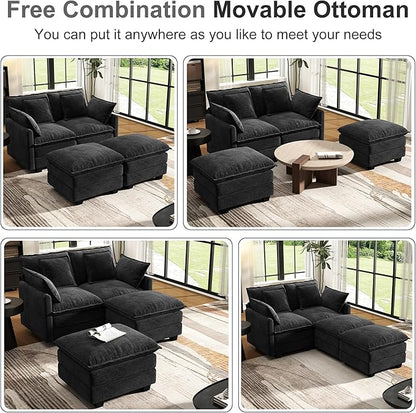 58" Cloud Couch Loveseat, Deep Seat Modular Sectional Sofa with 4 Removable Washable Pillows and 2 Ottoman for Living Room, Bedroom, Apartment, Black