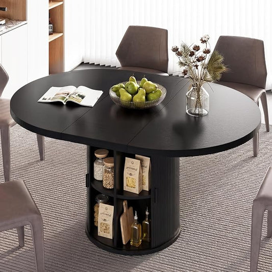 Vipbear Extendable Dining Table 43-59" for 4-6 People, Solid Wood Top with Fluted Slide Door & 8-Compartment Storage, Space Saving Round Dining Room Kitchen Dinner Tables with Pedestal Base (Black)