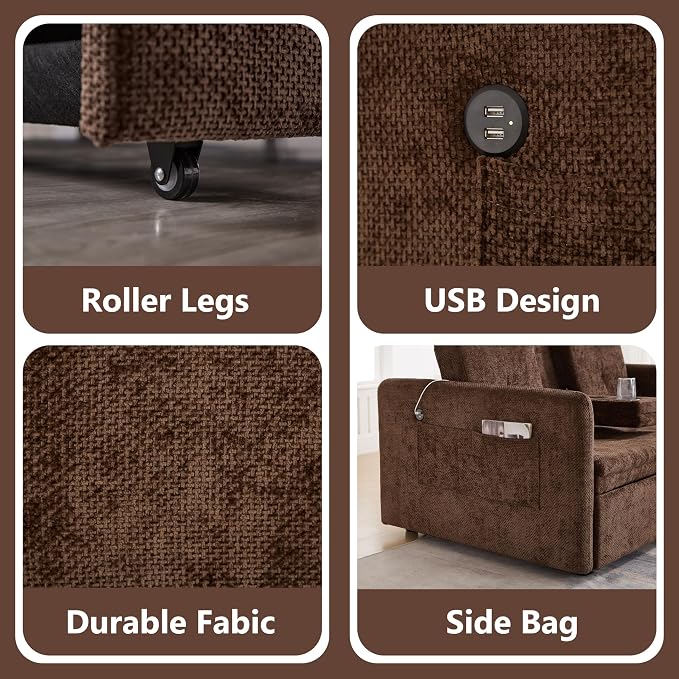 57.48" Convertible Sofa Bed with Cup Holder, Pull Out Sleeper Sofa Bed with USB Charging Ports, 3 in 1 Convertible Sleeper Sofa Bed for Living Room, Apartment, Bedroom, RV, Brown