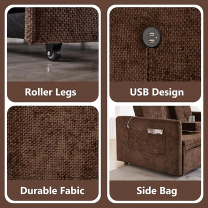 57.48" Convertible Sofa Bed with Cup Holder, Pull Out Sleeper Sofa Bed with USB Charging Ports, 3 in 1 Convertible Sleeper Sofa Bed for Living Room, Apartment, Bedroom, RV, Brown