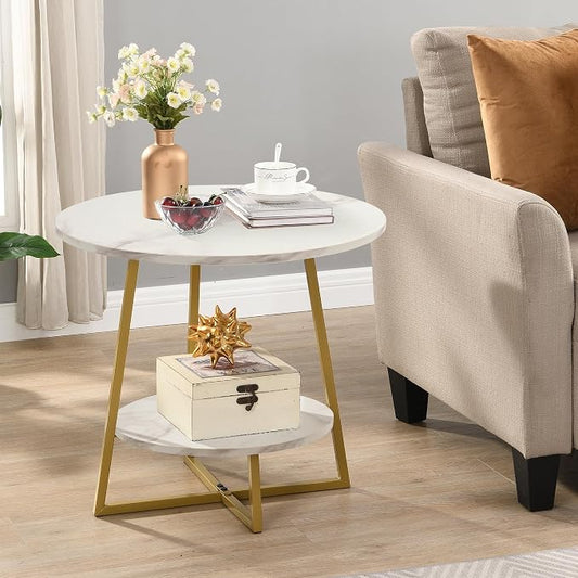 D&H FURNIMMT 20" Living Room Side Table Set of 2 for Small Spaces, 2 Tier Wood Top Round End Tables with Storage Shelf, Accent Sofa Table for Bedroom, Office, Sunroom, Balcony, White Faux Marble/Gold