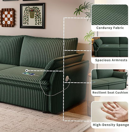 85'' Sofa Bed Full Size, Tool-Free Assembly, 3 in 1 Convertable Sleeper Sofa, Corduroy Couches with Pull Out Bed, USB & Storage, Modern Loveseat for Small Space, Living Room, Corduroy Green