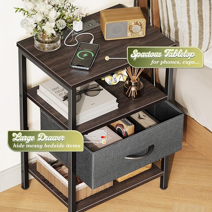 SUPERJARE Nightstand with Charging Station, Bed Side Table with Adjustable Fabric Drawer, Night Stand for Bedroom, 3-Tier Storage End Table, for Living Room - Walnut