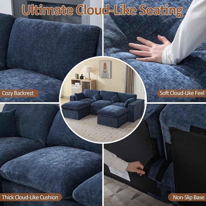 115'' Cloud Boneless Sectional Couch, Modular Sectional Sofa Deep Seat with 2 Ottomans, Oversized Upholstered Convertible Comfy 5 Seater Chenille Sofa U Shape Couches for Living Room, Navy