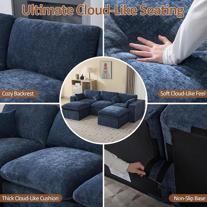 115'' Cloud Boneless Sectional Couch, Modular Sectional Sofa Deep Seat with 2 Ottomans, Oversized Upholstered Convertible Comfy 5 Seater Chenille Sofa U Shape Couches for Living Room, Navy