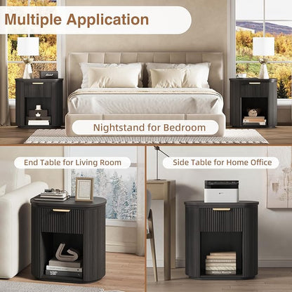 Fluted Nightstand with Charging Station, 23.6" Large Bedside Side Table with Drawer, Wood End Table with Storage, Curved Round Corner, Furniture Bedroom Sofa, Mid Century Modern, Vintage, Black