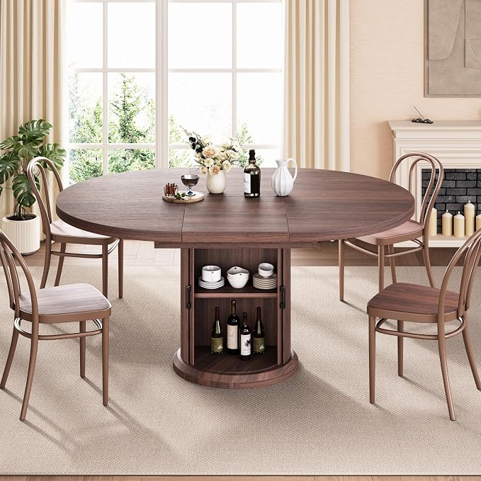 Jocoevol 47″–63″ Extendable Round Dining Table for 4–8 with Dust-Proof 2-Tier Storage Shelf Space Saving Expandable Wood Oval Circle Dinner Furniture with Pedestal Base (Brown)
