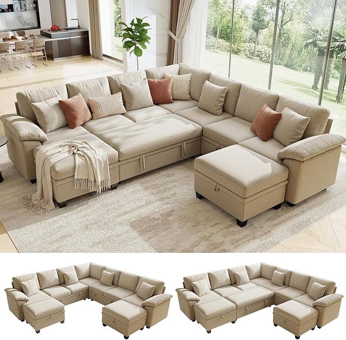 107.8" Oversized Modular Sectional Sofa with Pull Out Bed, 9 Seat U Shaped Sectional Sleeper Sofa with 291L Storage, Convertible Cloud Couch Bed, Sectional Couches for Living Room, Apartment (Sand)