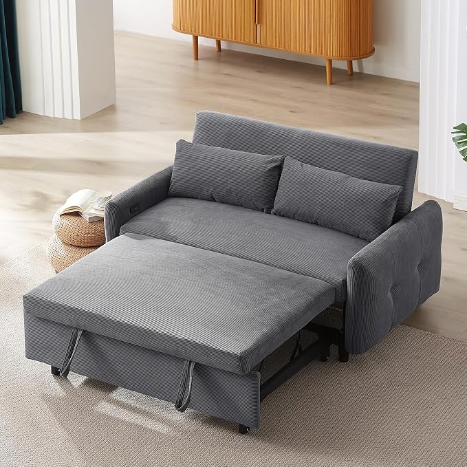 ERYE 57.5-Inch Loveseat Sofa with Pull Out Sleeper Couch Bed, Comfy Corduroy Upholstered Love Seat Sofa Convertible Sleeper Sofabed,Lounge Recliner Chaise Daybed | USB Charging Ports