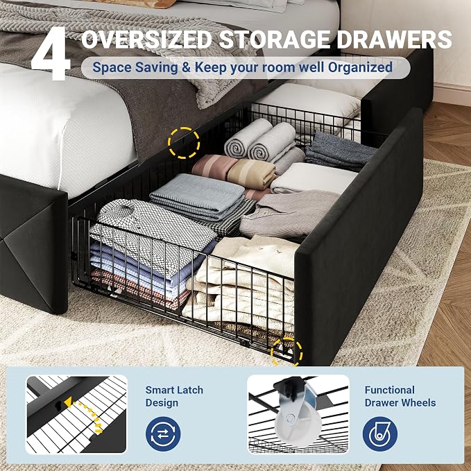 Allewie Upholstered Full Size Platform Bed Frame with 4 Storage Drawers and Adjustable Headboard, Diamond Button Tufted, Wooden Slats Support, Noise-Free, No Box Spring Needed, Easy Assembly, Black