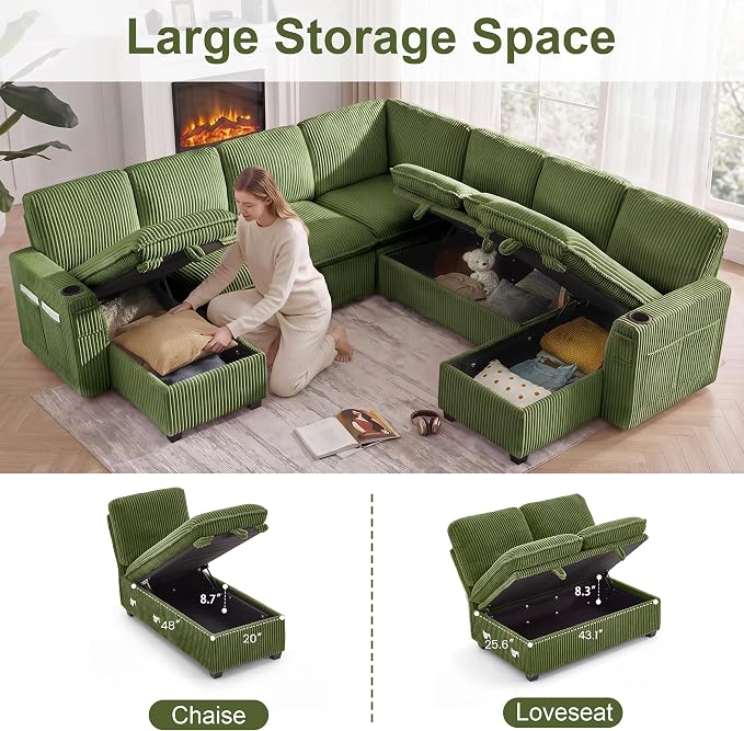 Oversized Sectional Sleeper Sofa with Pull Out Bed, Plush Corduroy 9 Seat Modular Sofa with Storage Chaise and Adjustable Backrest, Cloud Couches for Living Room, Apartment, Green