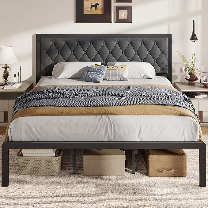 Fluest King Bed Frame with Headboard Linen Upholstered Bed Frame Platform,All Metal Slats Support Platform Bed Frame with Storage Space,Easy Assembly,Noise Free,No Box Spring Needed,Grey