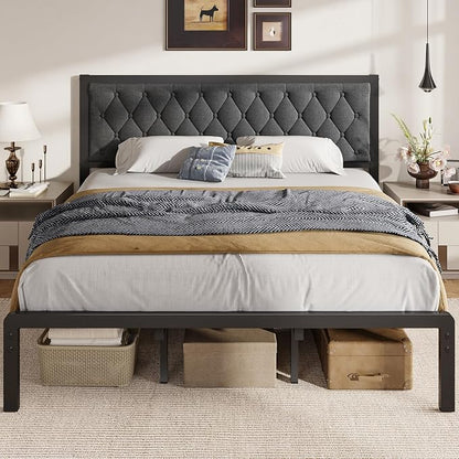 Fluest King Bed Frame with Headboard Linen Upholstered Bed Frame Platform,All Metal Slats Support Platform Bed Frame with Storage Space,Easy Assembly,Noise Free,No Box Spring Needed,Grey
