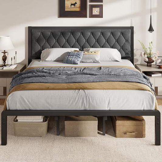 Fluest King Bed Frame with Headboard Linen Upholstered Bed Frame Platform,All Metal Slats Support Platform Bed Frame with Storage Space,Easy Assembly,Noise Free,No Box Spring Needed,Grey