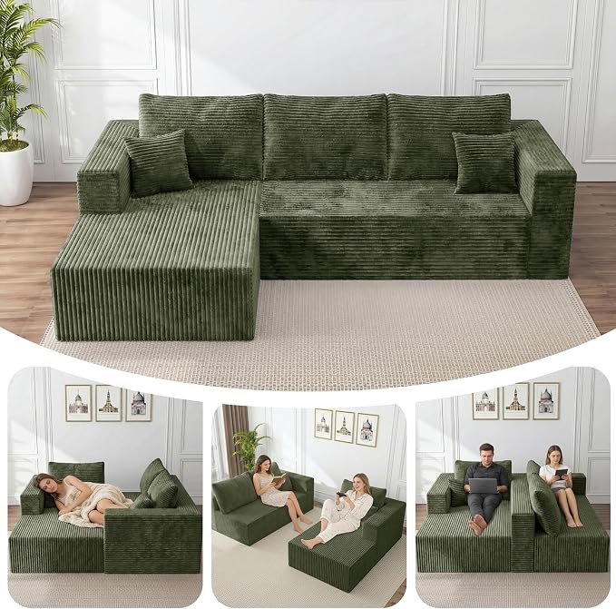92.5" L Shaped Modular Sectional Sofa, Boneless Cloud Couch with Deep Seat Chaise, Compressed Corduroy Memory Foam Sofas, No Assembly, 3 Seater Couch for Living Room, Apartment, Bedroom