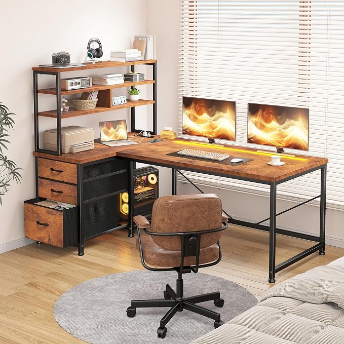 55"Computer Desk with Remote Aluminum LED Lights, 3 Fabric Drawers & 3 Shelves, Reversible L Shaped Desk Office Desk with Power Outlet and PC Stand for Gaming Desk, Corner Desk for Bedroom,Dorm, Brown