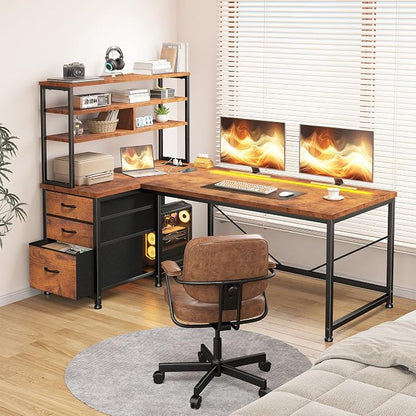 55"Computer Desk with Remote Aluminum LED Lights, 3 Fabric Drawers & 3 Shelves, Reversible L Shaped Desk Office Desk with Power Outlet and PC Stand for Gaming Desk, Corner Desk for Bedroom,Dorm, Brown