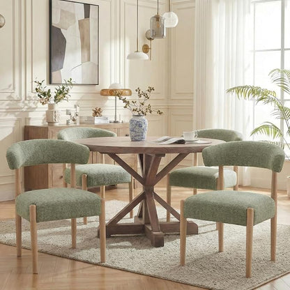 VKNOW Wooden Dining Chairs Set of 4, Modern Upholstered Dining Room Chairs with Rubberwood Legs and Curved Backrest, Fabric Kitchen Chairs for Farmhouse/Living Room/Dining Room, Green