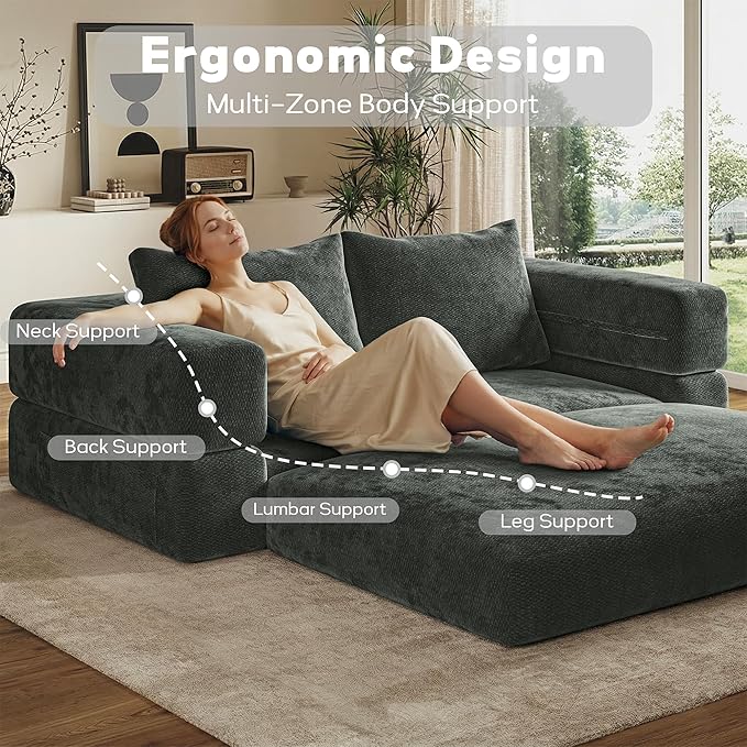 75'' Folding Convertible Sofa Bed with Large Pillow, 4-in-1 Foldable Pull Out Futon Sofa Bed, Chenille Boneless Mattress Couch, No Assembly Floor Sleeper Sofa Bed for Living Room/Bedroom, Dark Gray