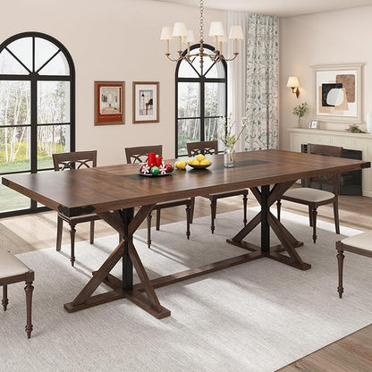 Hlivelood 94" Large Dining Table for 10 People, Rectangular Kitchen Farmhouse Table W/Thickness Waterproof Wood Tabletop,Long Dining Room Tables W/Wood Strip Base for Kitchen Living Room(238CM Brown)