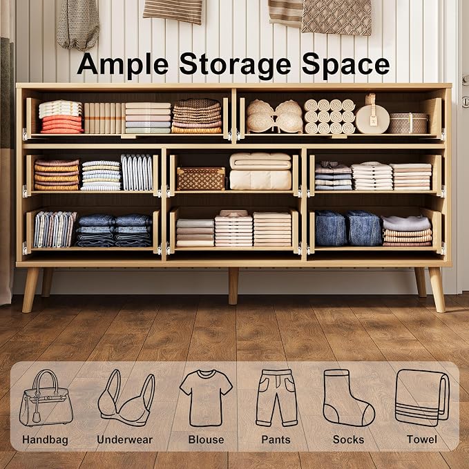 Fluted Dresser for Bedroom with 8 Drawers, Wooden Dresser with Metal Handle, Modern Storage Organizer for Bedroom, Wood Closet for Hallway, Living Room, Natural Oak BDR104Y
