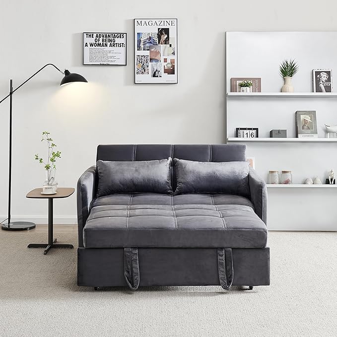 55.5" Velvet Convertible Sofa Bed, Pull Out Sleeper Sofa Bed, Loveseat Couch with USB Charging Ports, 3 in 1 Convertible Sleeper Sofa Bed for Living Room, Apartment, Bedroom, RV, Grey