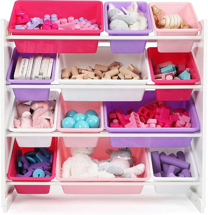 Humble Crew Toy Storage Organizer with 12 Removable Storage Bins for Kids Playroom, 4-Tier Toddler Toy Organization, White/Purple/Pink