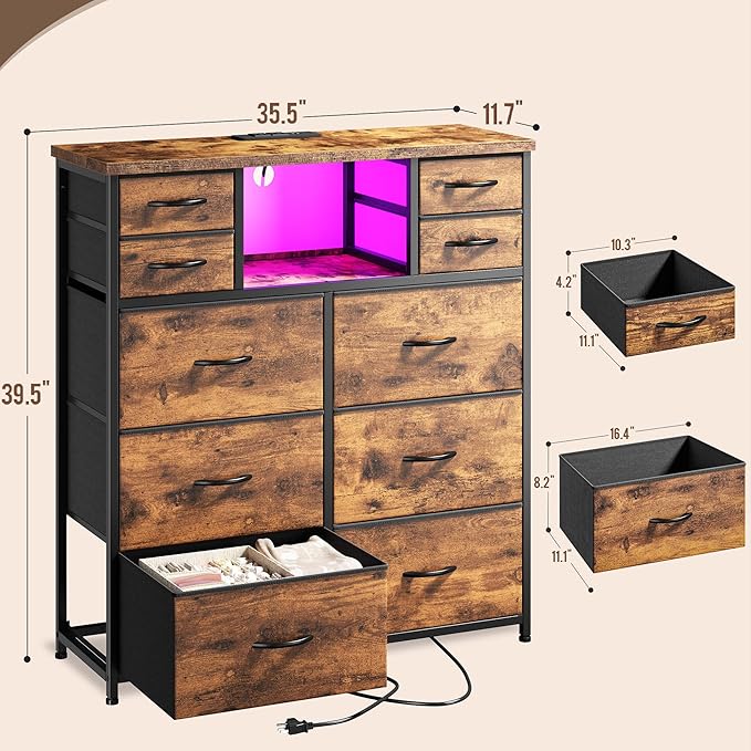 Romorgniz Dresser for Bedroom with LED Lights & Power Outlets 2 AC & 2 USB, Fabric 10 Drawer Dressers & Chest of Drawers with Open Shelves for Hallway Living Room, Metal Frame, Wood Top, Rustic Brown