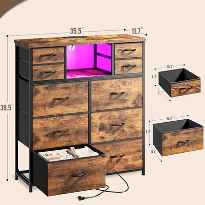 Romorgniz Dresser for Bedroom with LED Lights & Power Outlets 2 AC & 2 USB, Fabric 10 Drawer Dressers & Chest of Drawers with Open Shelves for Hallway Living Room, Metal Frame, Wood Top, Rustic Brown