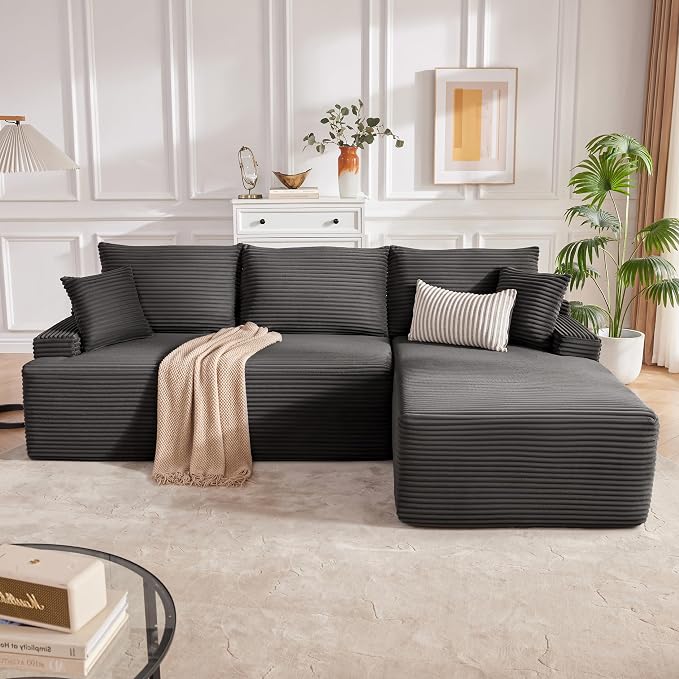 Mangodan Cloud Sectional Sofa, Boneless Couch for Living Room, Modular Sectional Sofa with Deep Seat, Fluffy L-Shaped Comfy Couch with Right-Facing Chaise, No Assembly Required, Grey