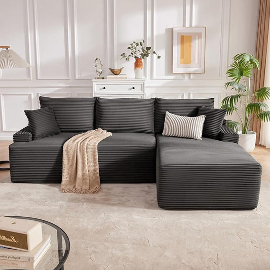 Mangodan Cloud Sectional Sofa, Boneless Couch for Living Room, Modular Sectional Sofa with Deep Seat, Fluffy L-Shaped Comfy Couch with Right-Facing Chaise, No Assembly Required, Grey