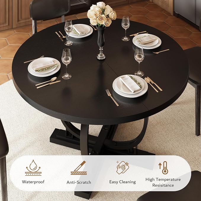 iPormis 59'' Extendable Round Dining Table for 4 to 6, Oval Kitchen Table with Sturdy X-Base Metal Legs, MDF Board with Backboard Clasp, Space Saving, Easy Assembly, Kitchen Dining Living Room, Black