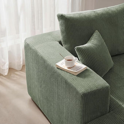 Modular Sectional Sofa with Ottoman, L-Shaped Cloud Couch, 79" Memory Foam Boneless Loveseat with Chaise, No Assembly Required Corduroy Frameless Sofa for Small Living Room Apartment Home Decor, Green