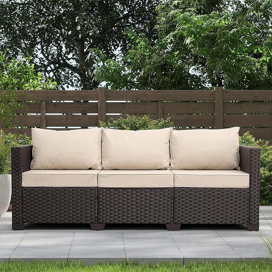 Valita Patio Furniture 3-seat Sofa Brown Wicker Outdoor Furniture Outdoor Couch Deep Seat High Backrest Waterproof Cover Anti-Slip Washable Cushions, Khaki