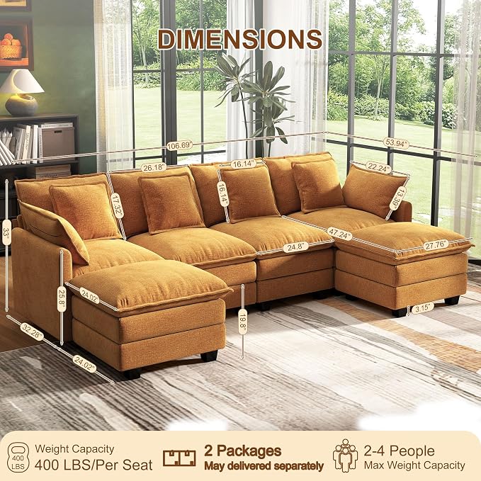 107" Cloud Couch Sectional, U Shaped Modular Sectional Sofa, 4-Seat Deep Seat Couch with 6 Removable Washable Pillows and 2 Ottoman for Living Room, Bedroom, Apartment, Orange