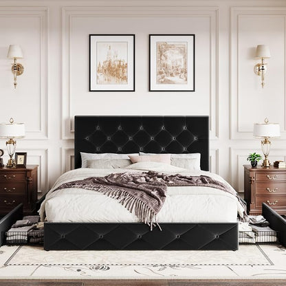 SHA CERLIN Queen Platform Bed Frame with 4 Oversized Storage Drawers, Adjustable Headboard with Velvet Upholstery, Diamond Button Tufted Design, Wooden Slat Support, No Box Spring Needed, Black
