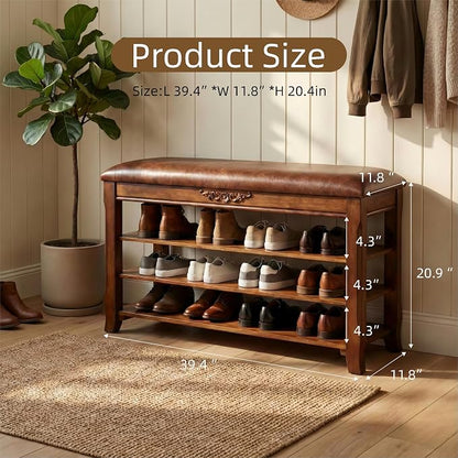 Shoe Rack Bench Entryway Storage with Leather Cushion, Shoe Organizer Bench for Entryway, Front Doors Entrances Hallway,Mudroom,Closet, Bedroom,Solidwood 3 Height-Adjustable Removable Shelve,39.4"